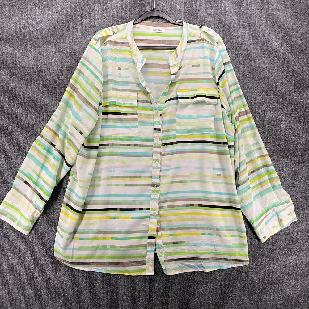 Calvin Klein Blouse Top Womens 2X Striped Button Up Lightweight Ladies Office